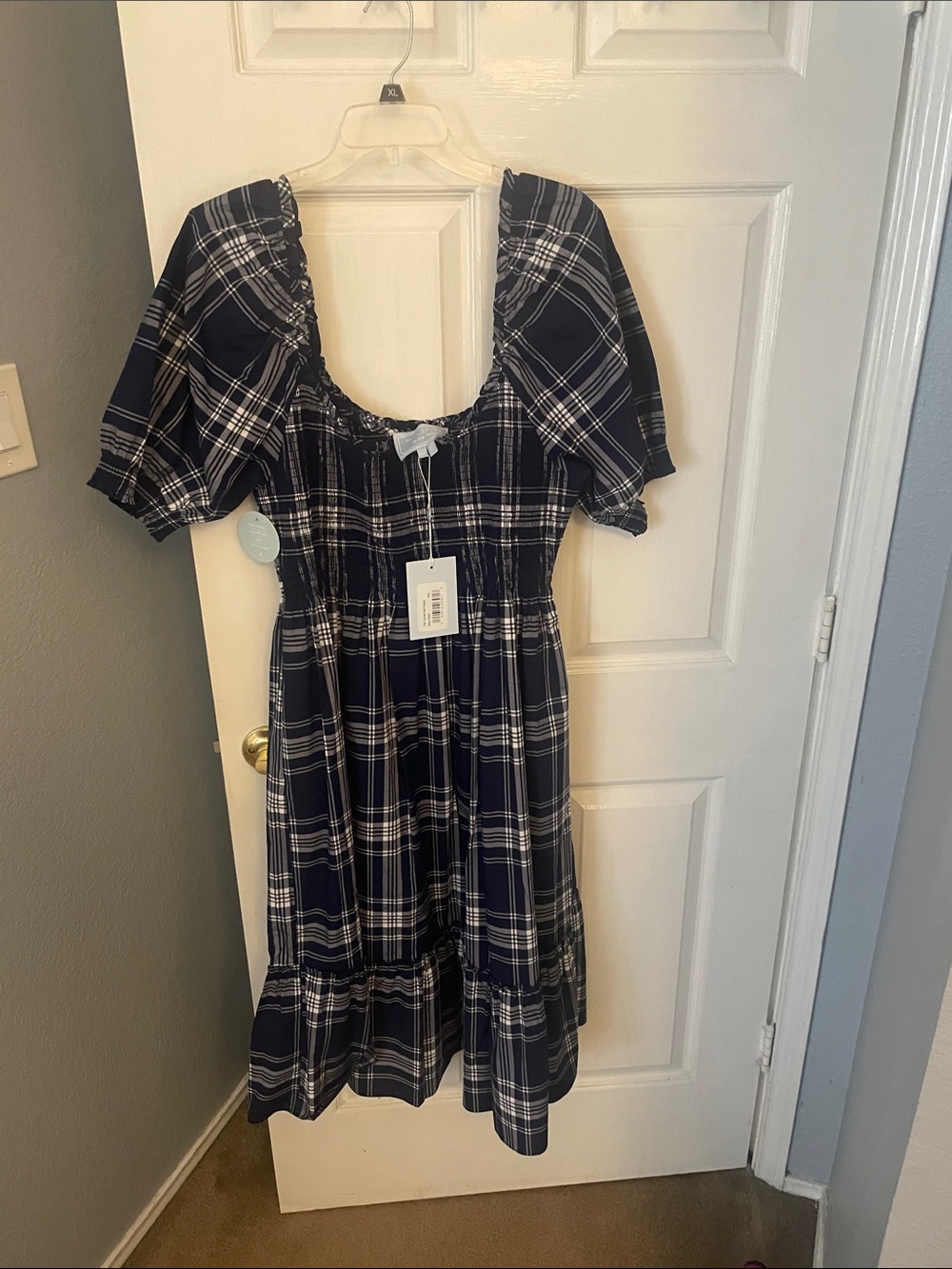 Hill House Navy and White Plaid Puff-Sleeve Dress